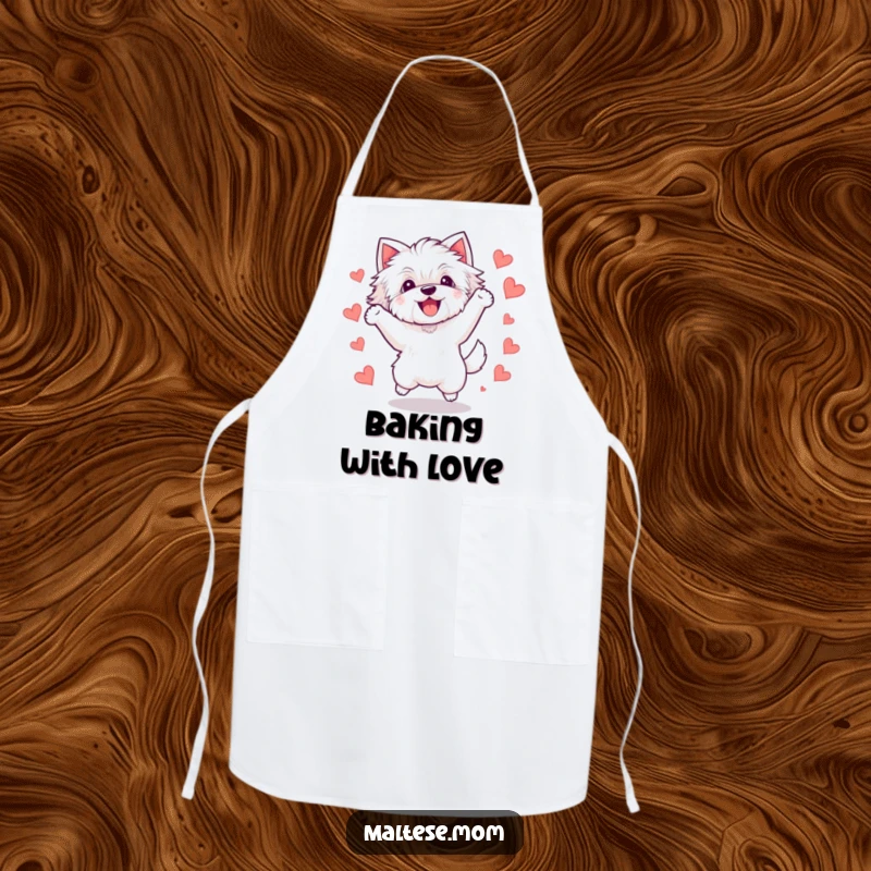 Funny Kawaii Maltese dog apron, illustration of a happy white dog leaping joyfully, surrounded by tiny hearts, ideal for kitchen fun.