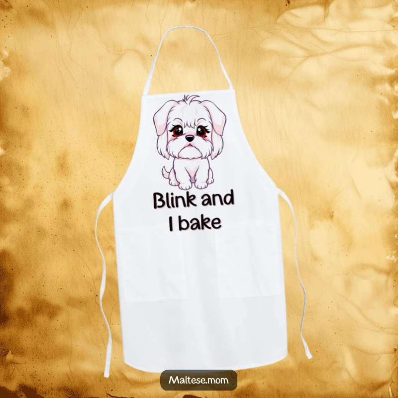 Funny apron featuring a Maltese dog character with a sweet, innocent blink, ideal for kitchen fun and cooking.