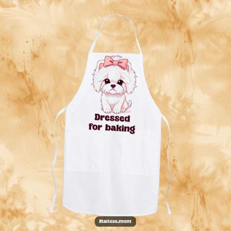 Funny Maltese lady dog apron with a pink bow, cooking in the kitchen, practical and cute.