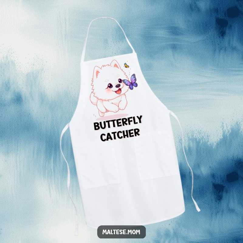 Funny fluffy white dog with playful glint chasing shimmering butterfly on apron. Playful kitchen wear, perfect funny gift.