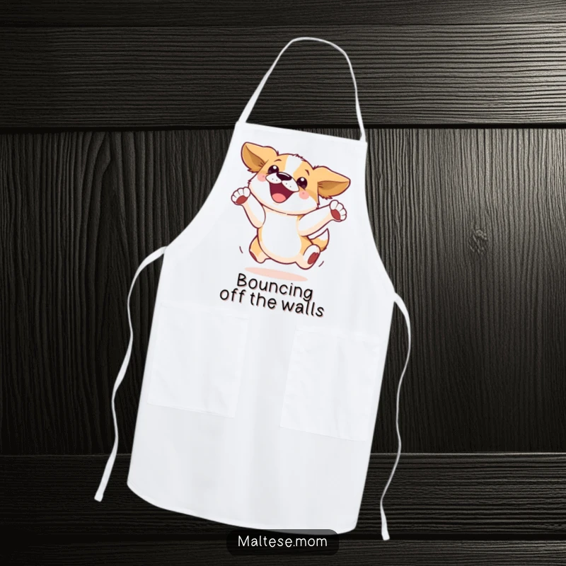 Funny Apron: A dog leaps joyfully, embodying playful energy and happiness while cooking, making it a fun kitchen accessory.