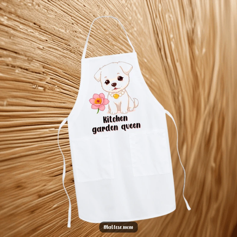 Funny small white dog with a pearl necklace sniffing a flower on an apron. Chic kitchen wear, perfect funny gift.