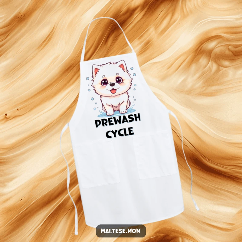 Funny dog apron depicting a fluffy white dog vigorously shaking off water, ideal for messy cooks who love humor.