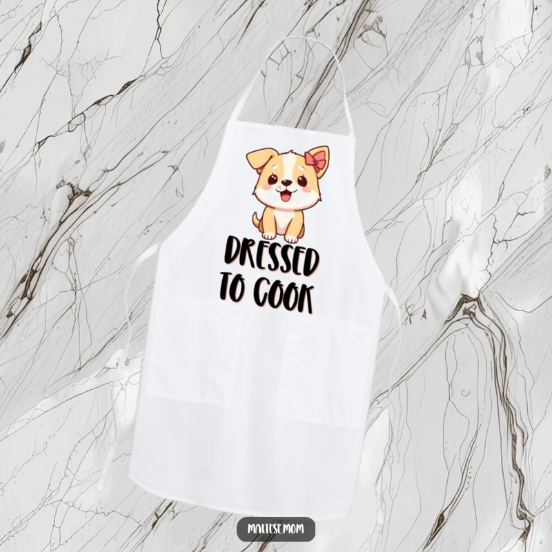 Funny apron featuring an excited dog character with a small bow on its ear, ready to add cheer to kitchen tasks.