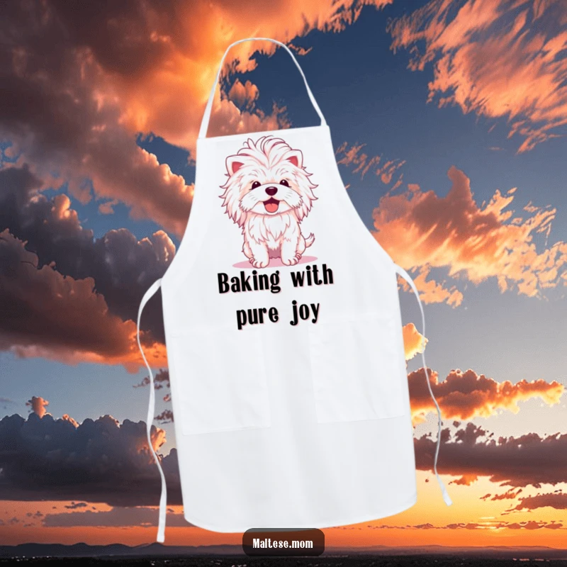 Funny Maltese Dog Apron: A Maltese with a fluffy mane shakes its head with delight, perfect for kitchen fun.