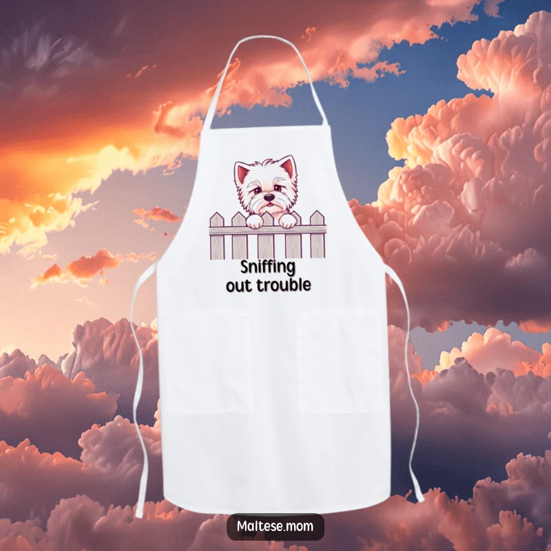 Funny Kawaii Maltese apron showing an eager puppy peeking over a fence, perfect for culinary fun and cute anticipation.