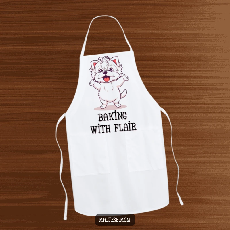 Funny Kawaii Maltese apron showing a cute puppy dancing with comically wobbly legs, perfect for kitchen fun and playful vibes.