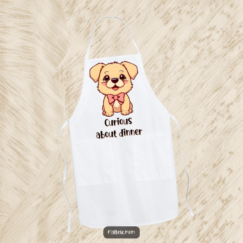 Funny Apron showcasing a small dog with a bow, curiously tilting its head, adding playfulness to kitchen tasks.