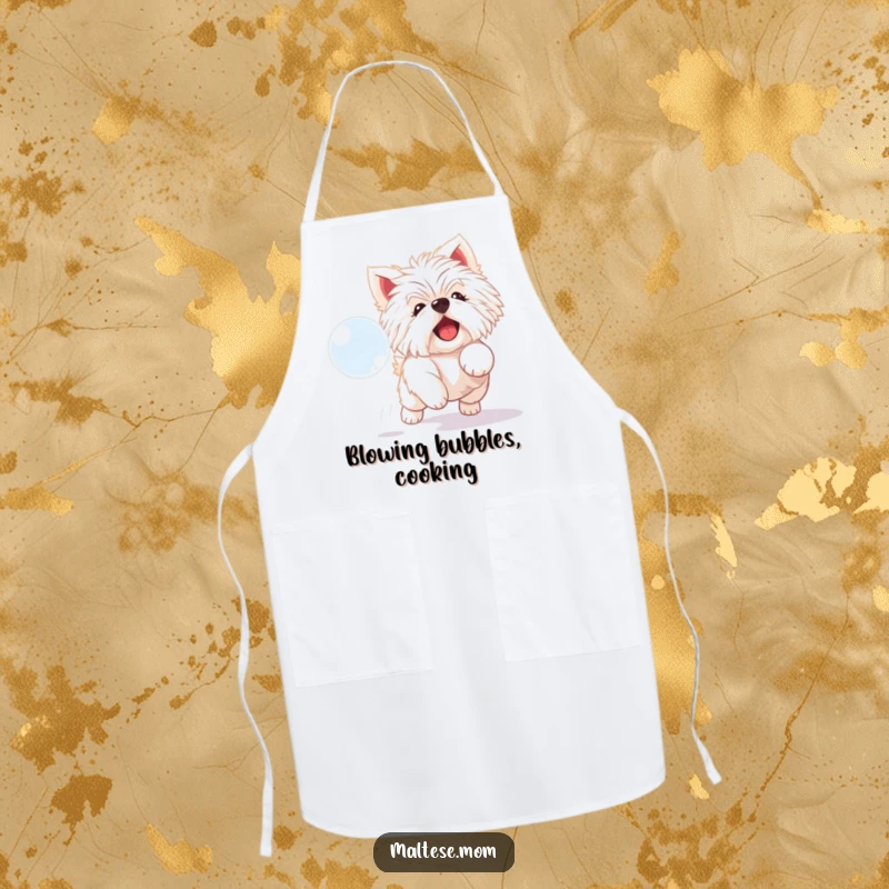 Funny Maltese dog apron with a playful white dog joyfully chasing a shimmering bubble.