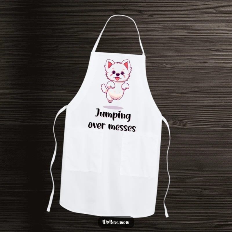 Funny apron featuring a Maltese dog character doing a tiny, elegant jump, perfect for stylish cooking.