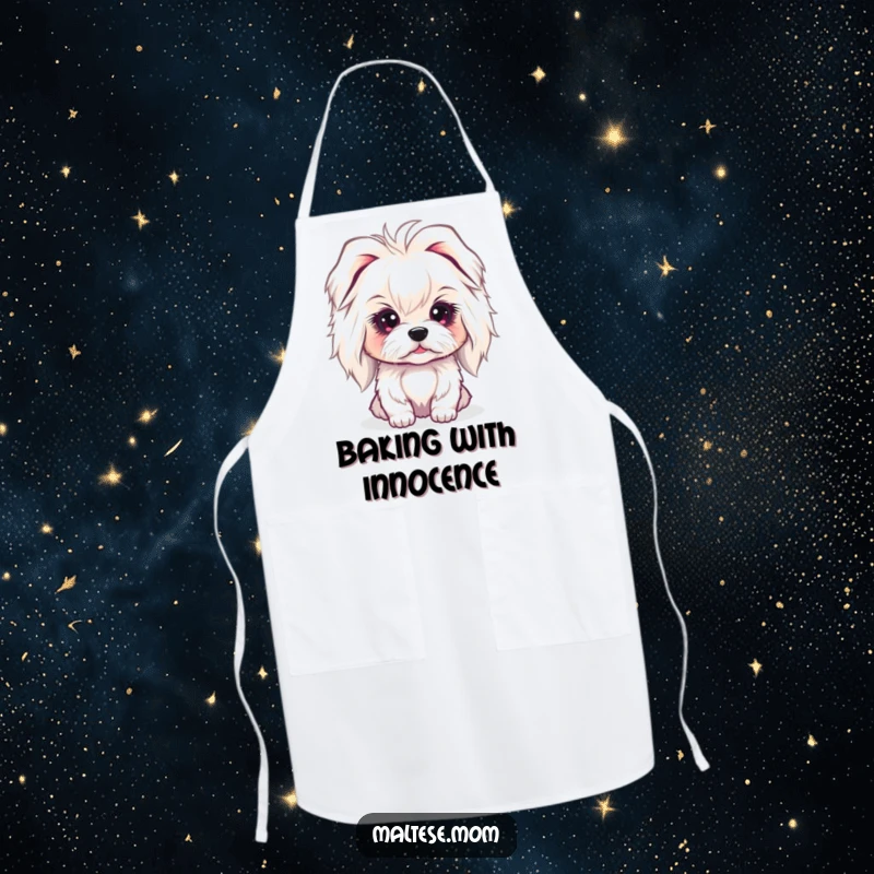 Funny Maltese Apron showing a lady dog with a sweet, innocent gaze, adding a touch of gentle humor to kitchen tasks.