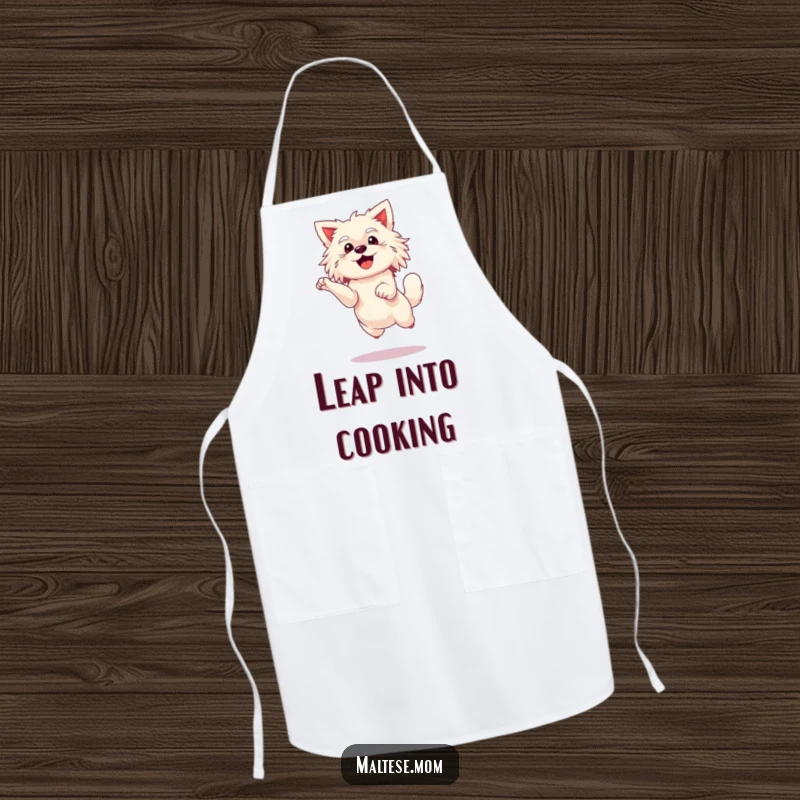 Funny Maltese lady dog apron, leaping enthusiastically, cheerful and practical.