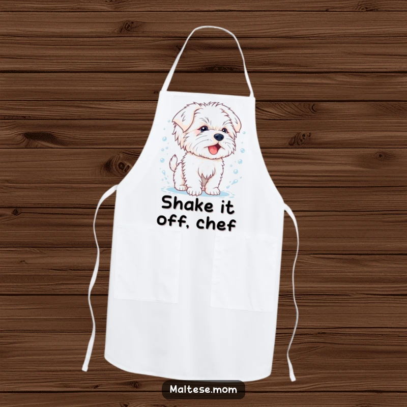 Funny apron featuring a happy Maltese puppy energetically shaking off water droplets, adding playful cheer to kitchen activities.