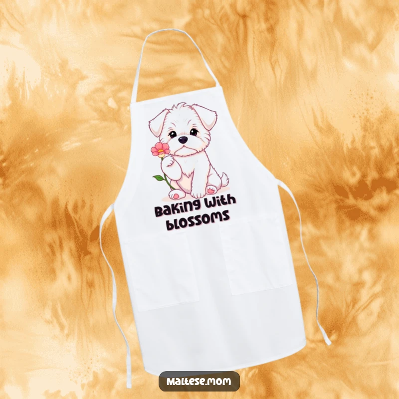 Funny Maltese puppy sitting with paws up, offering a flower, on a practical apron for sweet and humorous kitchen use.