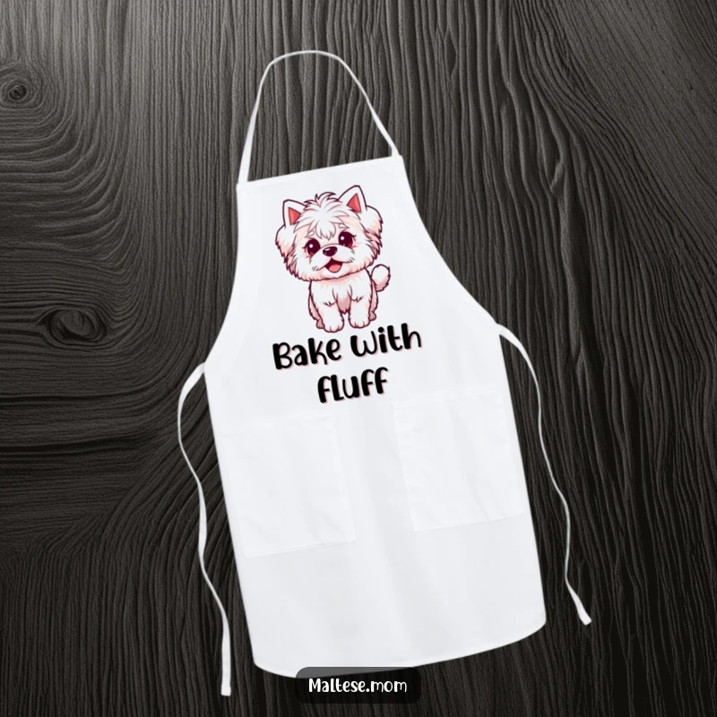 Funny Apron showing a small, fluffy Maltese dog with an excited wagging tail, perfect for adding cheer to cooking.