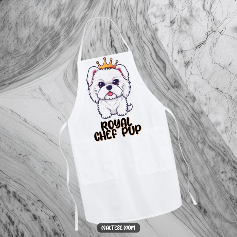 Funny apron depicting a fluffy Maltese dog wearing a tiny crown, adding a regal and humorous touch to kitchen activities.