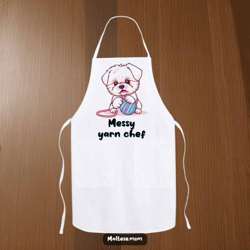 Funny Maltese puppy apron: a cute dog playfully tugging on yarn, making kitchen duties a hilarious and adorable experience.