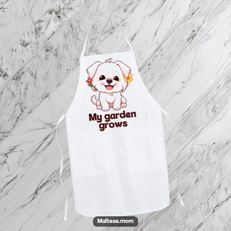 Funny Maltese dog apron with a happy white dog wearing a flower, its tail wagging merrily.