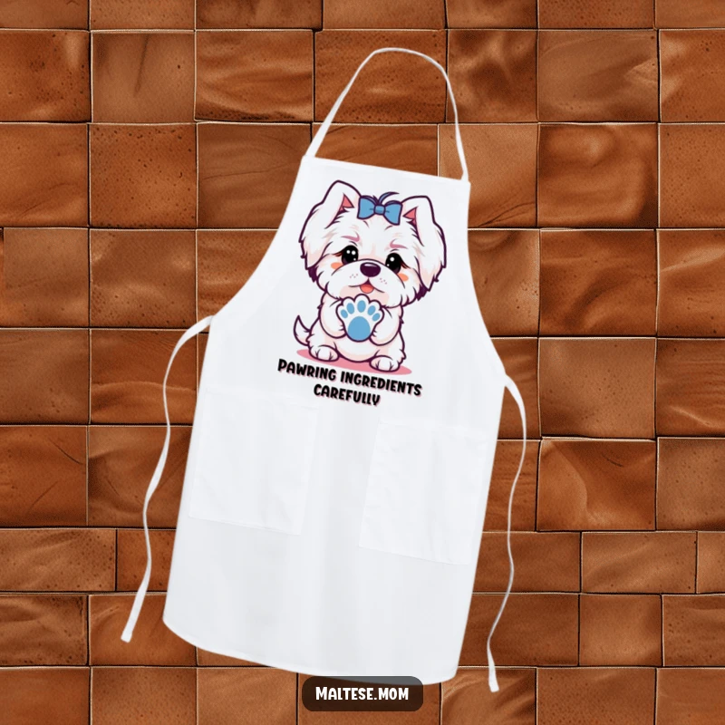 Funny apron featuring a Maltese dog character offering a paw with a charming look, perfect for friendly cooking.