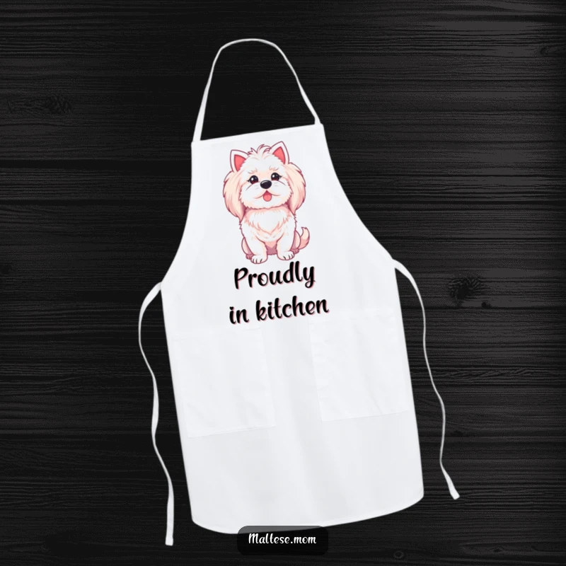 Funny Maltese lady dog apron, puffing her chest proudly, practical and regal.