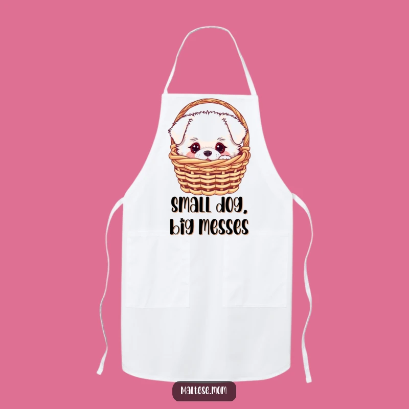 Funny White Fluffy Dog Apron - Curious Pup Basket Kitchen Wear, Chef Gift
