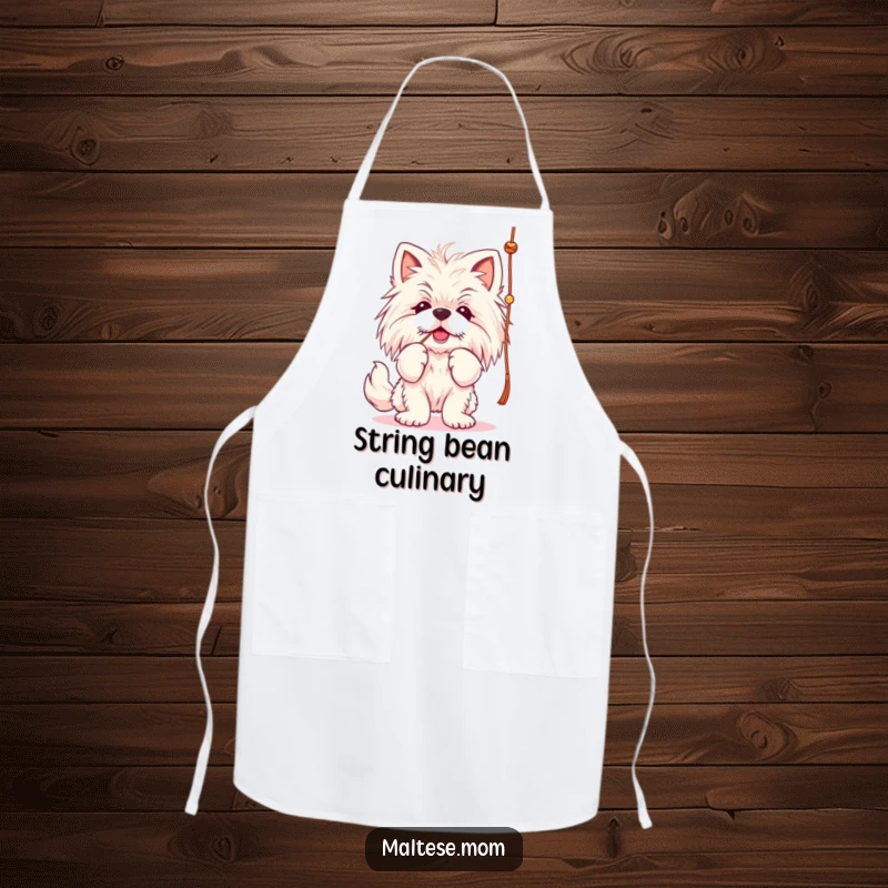 Funny Maltese lady dog apron, batting at a string, playful and practical.