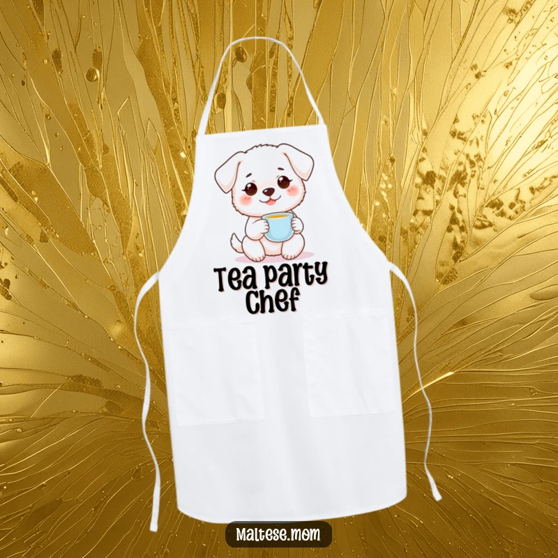 Funny small white dog with sweet smile holding tiny teacup on apron. Sweet kitchen wear, perfect funny gift.