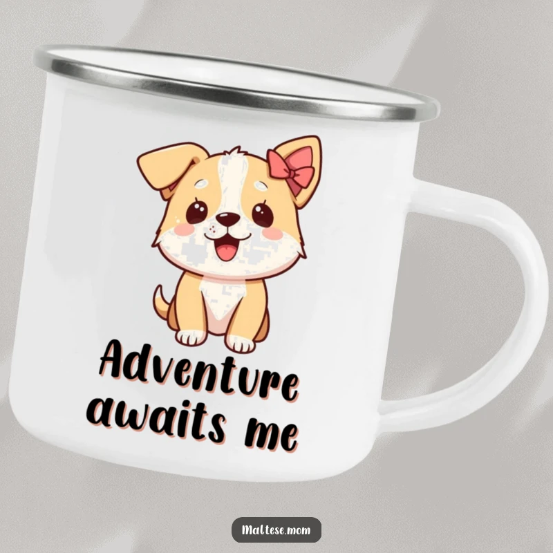 Funny, durable camping mug showcasing an excited dog character with a tiny bow on its ear, perfect for any adventure.