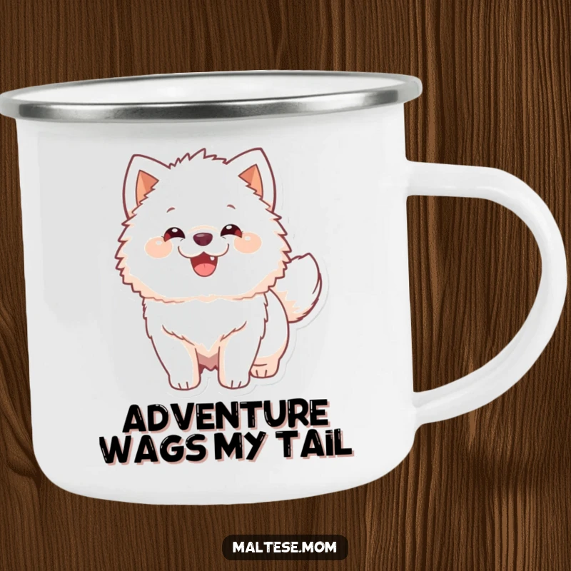 Funny Camping Mug with a fluffy white dog's vigorous tail wag, ideal for outdoor enthusiasts who love humor.