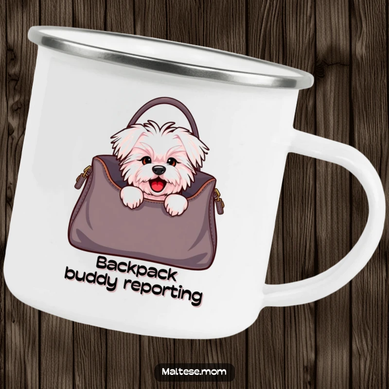 Funny Maltese dog camping mug with a cute character peeking from a stylish handbag, perfect for enjoying beverages on the go.