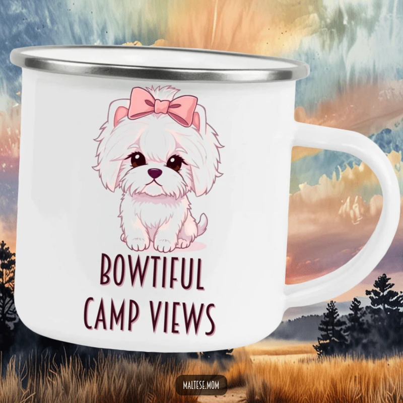 Funny Maltese lady dog camping mug with a pink bow, holding coffee, ready for adventure.