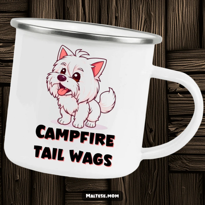 Funny Maltese Lady Camping Mug: A happy Maltese dog with tail wagging, ideal for outdoor fun and funny gifting.