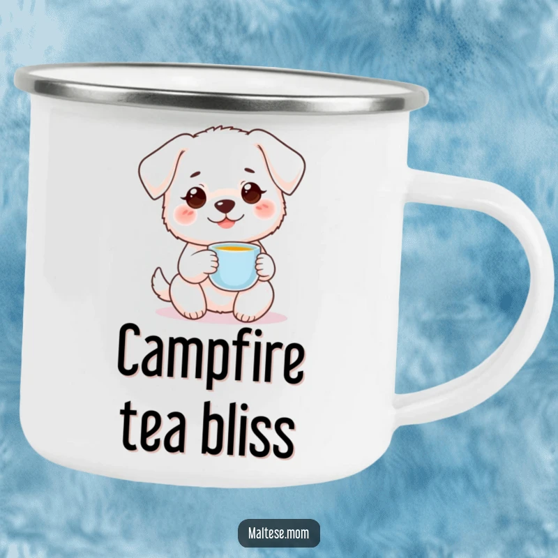 Funny small white dog with sweet smile holding tiny teacup on camping mug. Sweet outdoor drinkware, perfect funny gift.