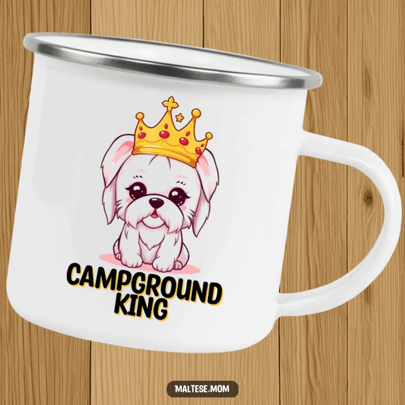 Funny camping mug featuring a kawaii Maltese dog wearing a tiny crown, looking regal and amused, perfect for outdoor enjoyment.