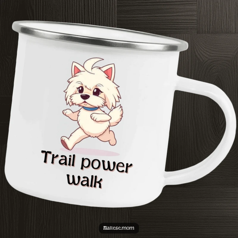 Funny Maltese lady dog camping mug, prancing energetically, durable for outdoor use.