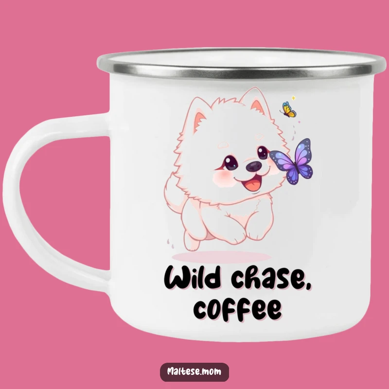 Funny Dog Butterfly Chase Camping Mug - Playful Outdoor Pet Gift!
