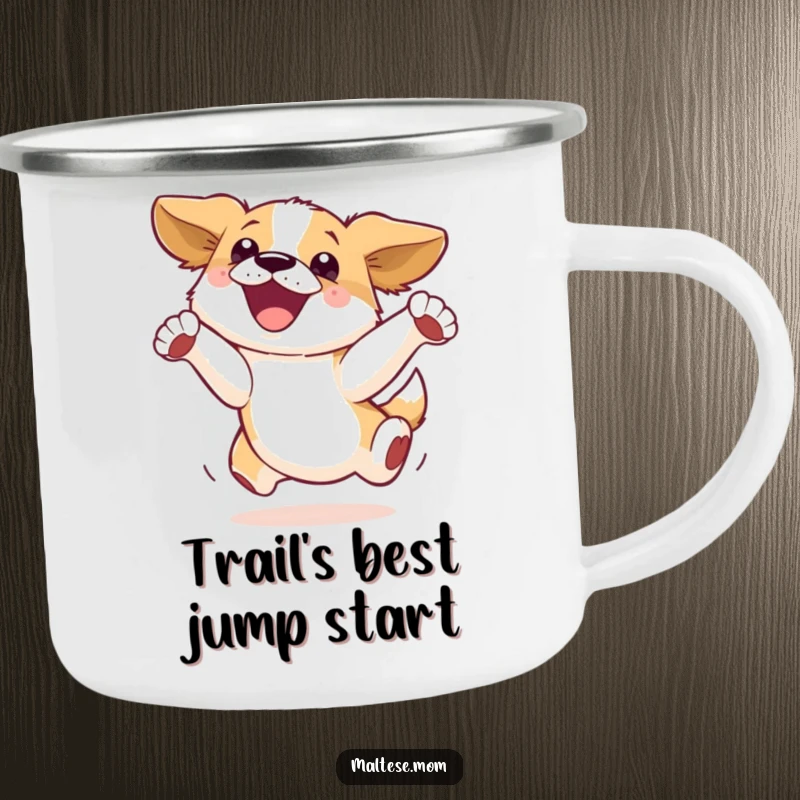 Funny Camping Mug: A dog leaps enthusiastically, ready for adventure, embodying spirit and fun for outdoor enjoyment.