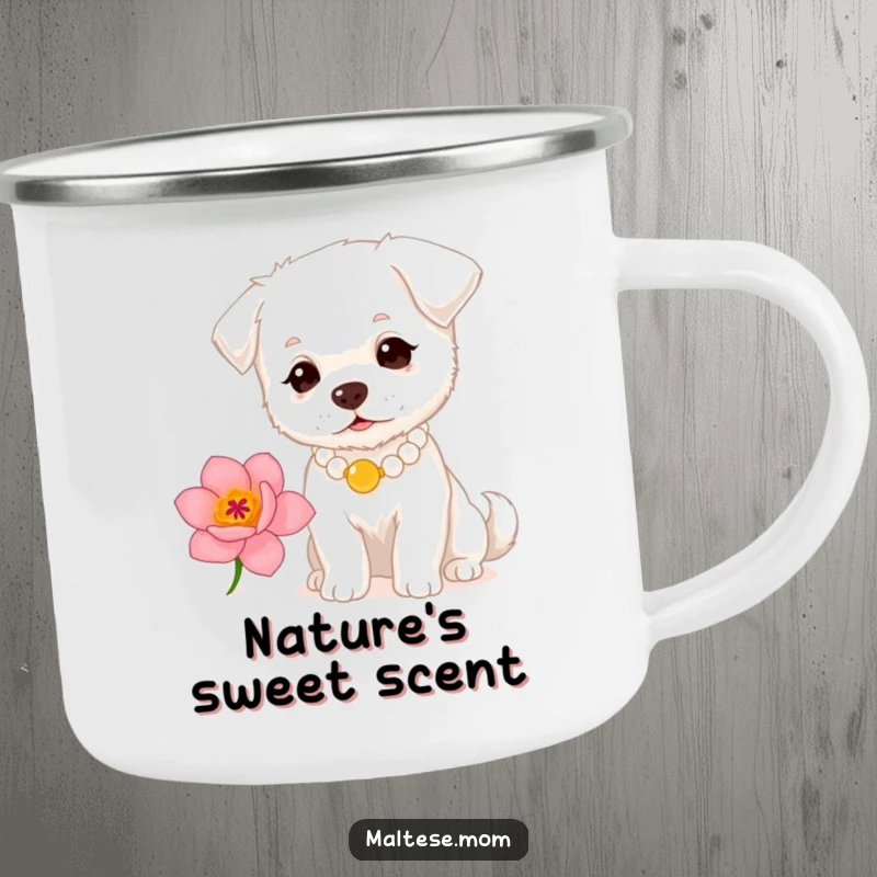 Funny small white dog with a pearl necklace sniffing a flower on a camping mug. Elegant outdoor drinkware, perfect funny gift.