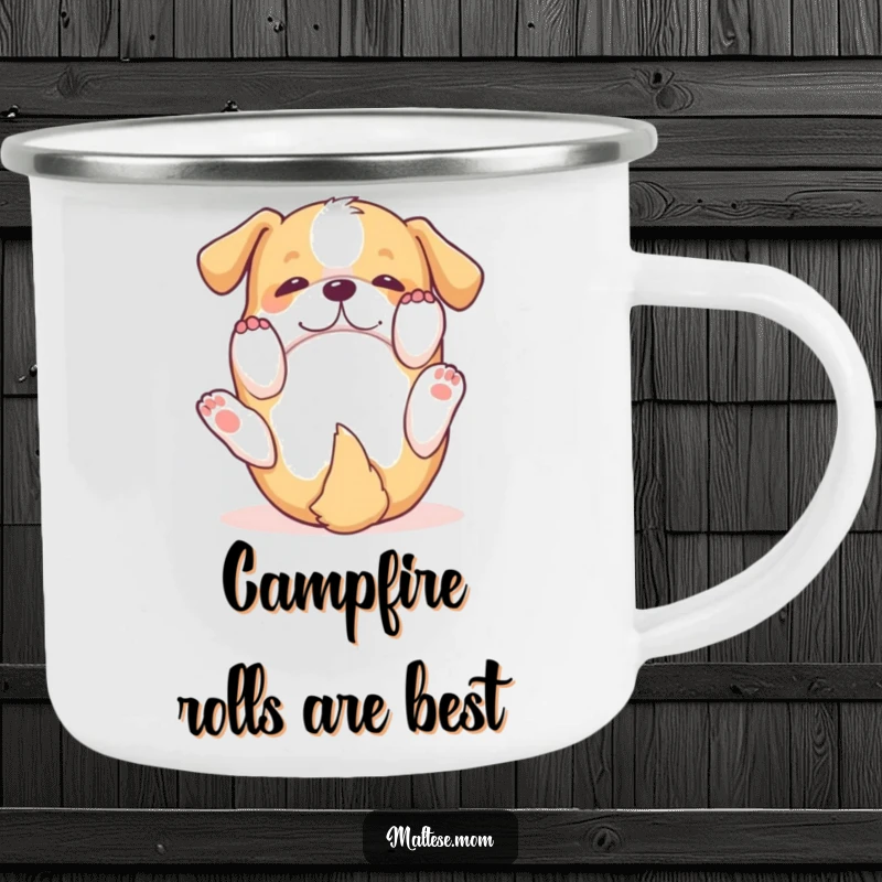 Funny Camping Mug: A small dog rolls happily with paws in the air, embodying playful spirit for outdoor enjoyment.