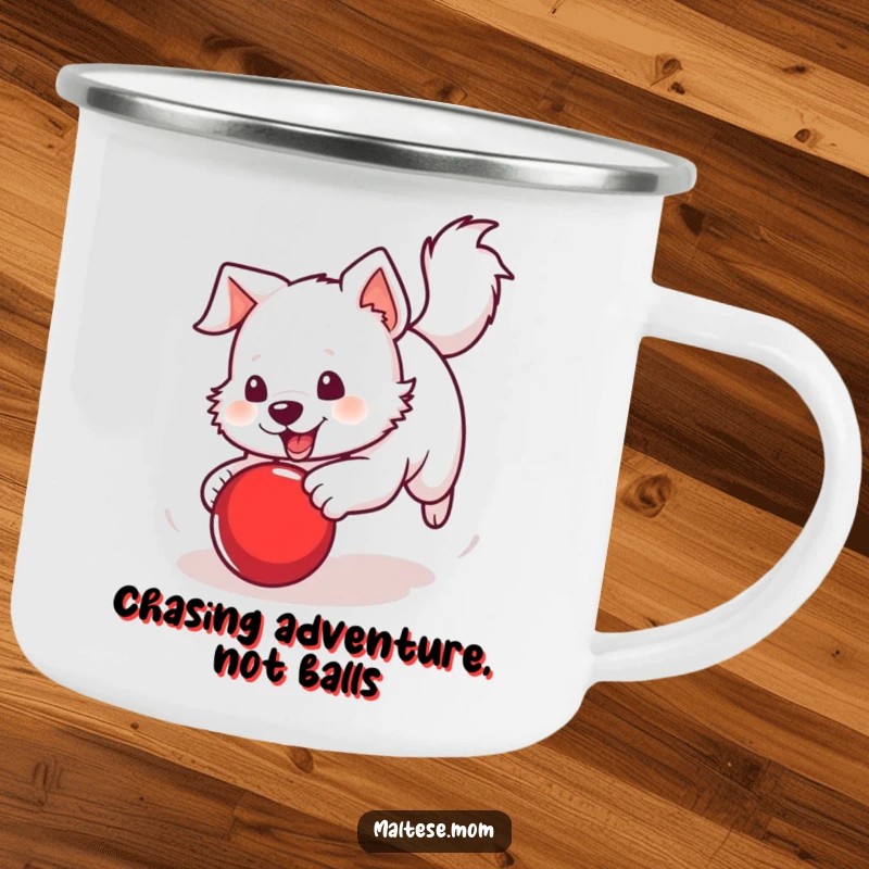 Funny Camping Mug showing a white dog with a perky tail chasing a bright red ball, ideal for active outdoor enthusiasts.
