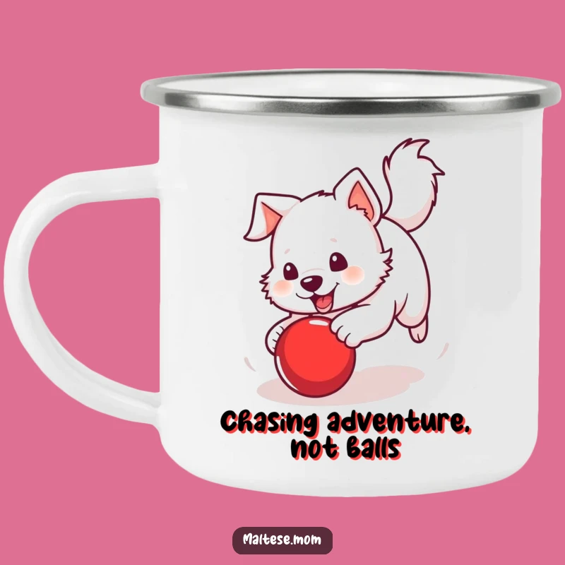 Funny Enamel Mug: Dog Chasing Ball, Outdoor Action, Energetic Camp Gift