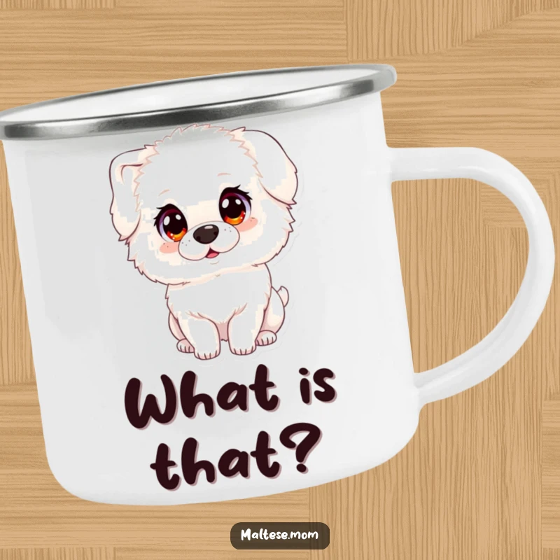 Funny camping mug showing a fluffy white dog with large, innocent eyes, tilting its head, perfect for outdoor drinks.