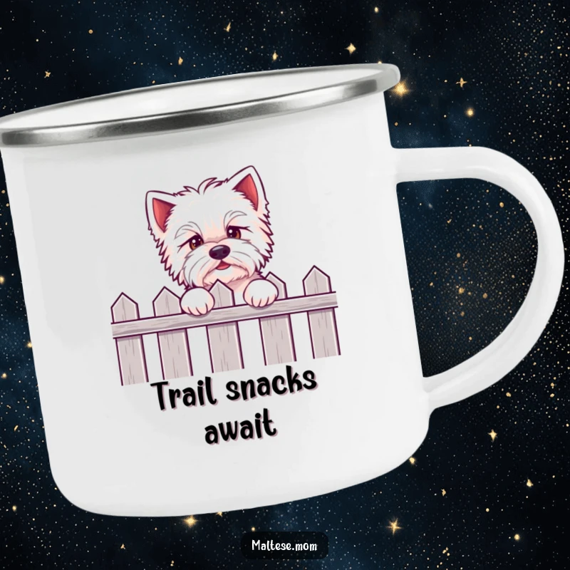 Funny Kawaii Maltese camping mug showing an eager puppy peeking over a fence, ready for outdoor escapades with cute anticipation.