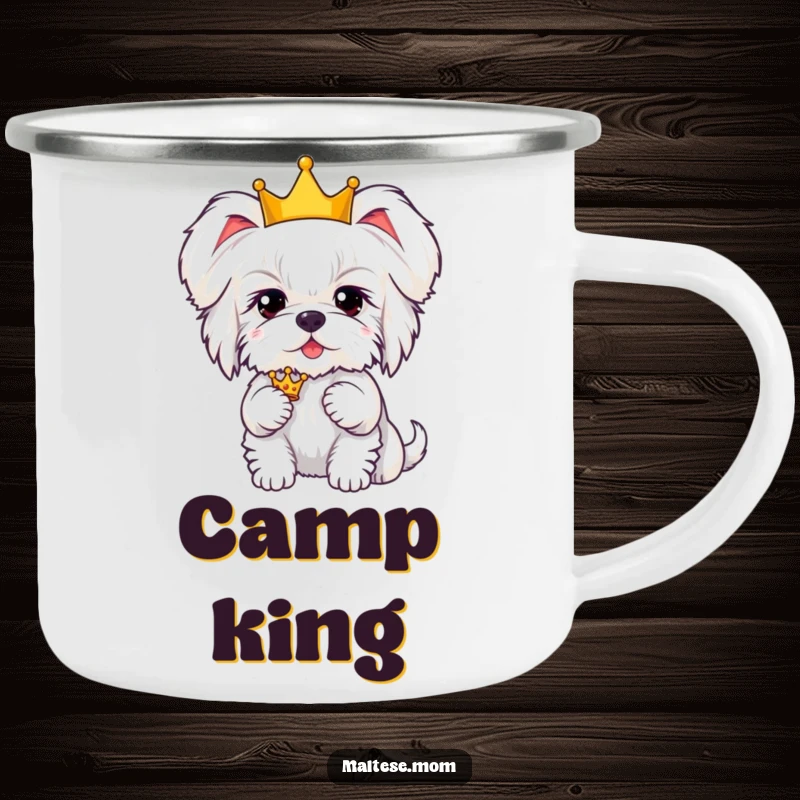 Funny Kawaii Maltese dog with fluffy ears, wearing a crown, a durable and humorous camping mug.