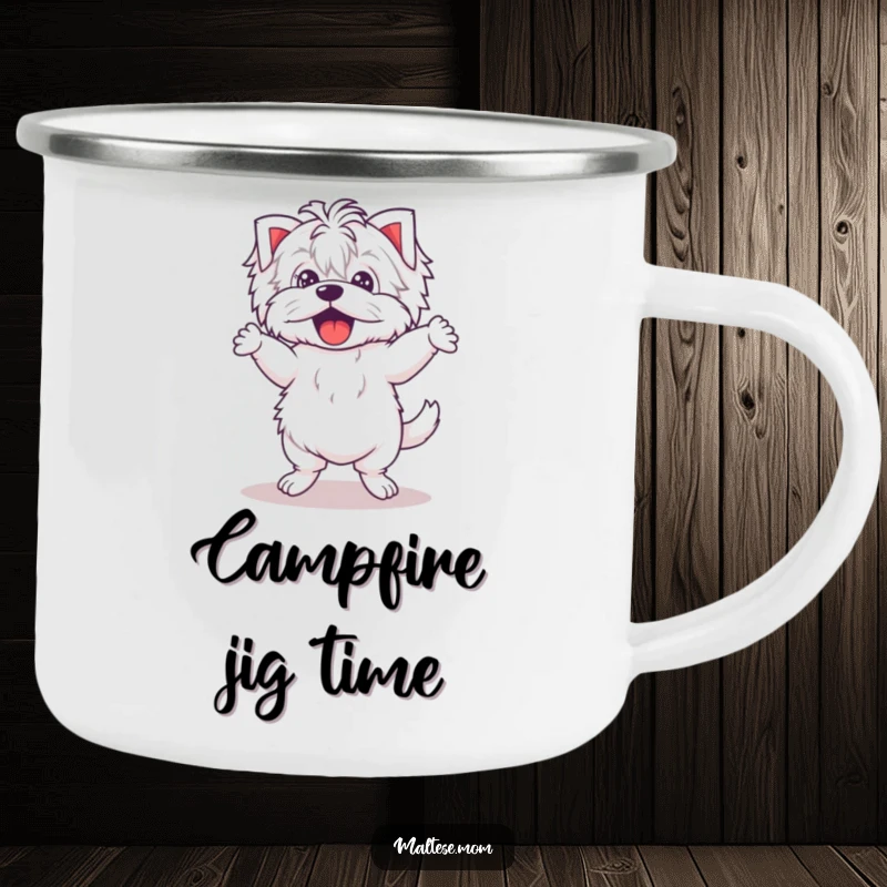 Funny Kawaii Maltese camping mug showing a cute puppy dancing with comically wobbly legs, perfect for outdoor fun and silly moves.