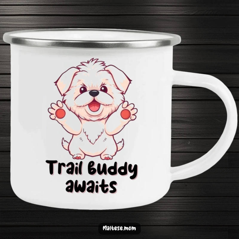 Funny Kawaii Maltese dog camping mug, illustration of a cute white dog with paws extended in a welcoming gesture, ready for the outdoors.