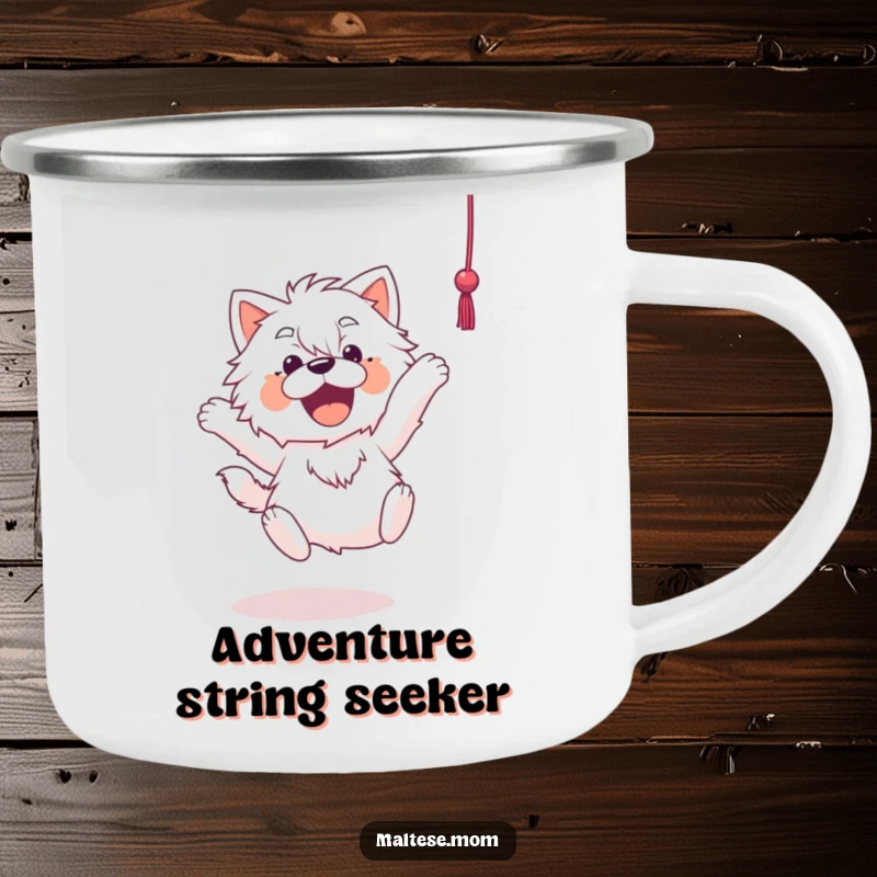 Funny Maltese camping mug showing an excited Maltese dog mid-leap towards a dangling string, ideal for outdoor enthusiasts.