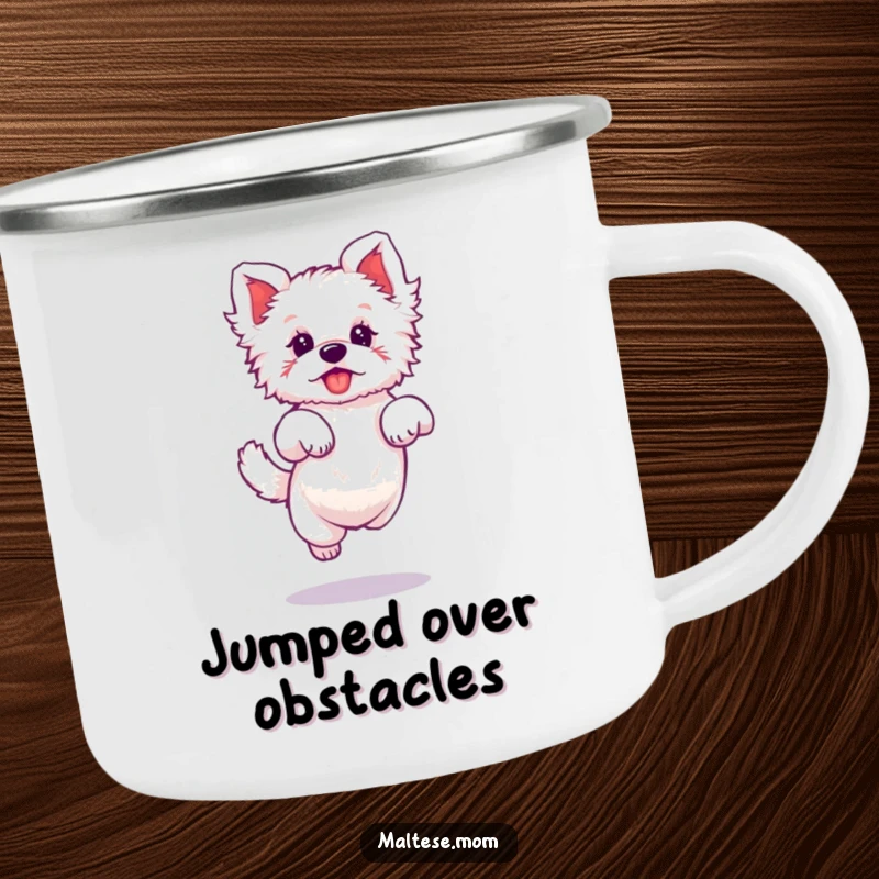 Funny camping mug with a Maltese dog character doing a tiny, elegant jump, perfect for stylish outdoor use.