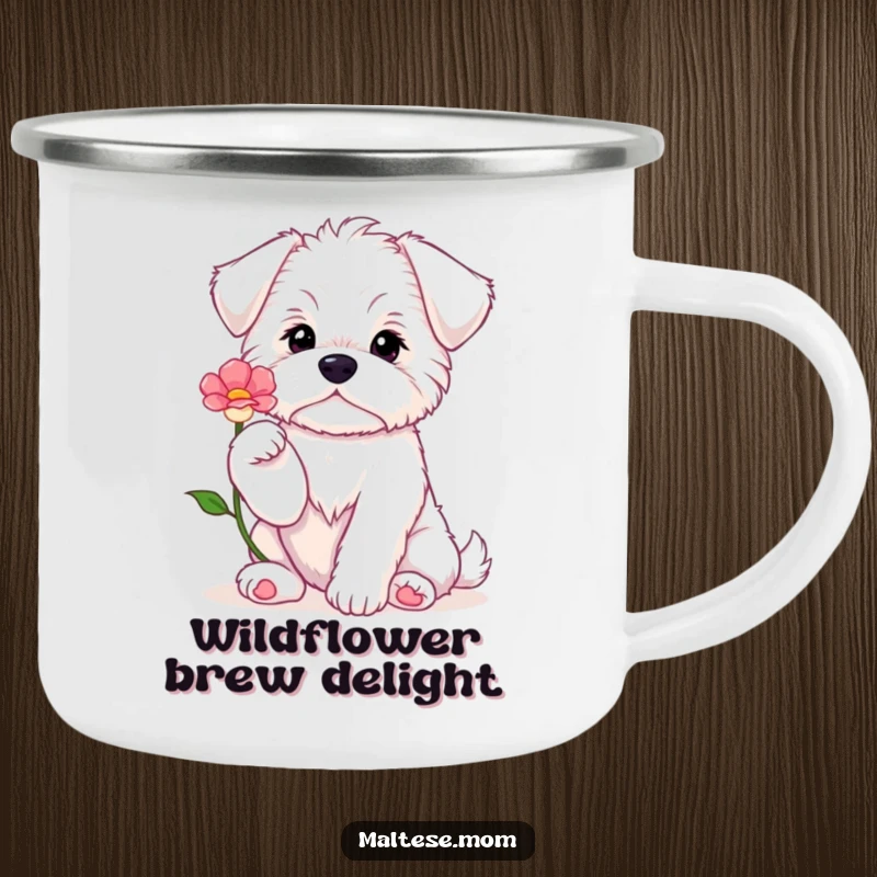 Funny Maltese puppy sitting with paws up, offering a flower, on a durable camping mug for outdoor enjoyment.