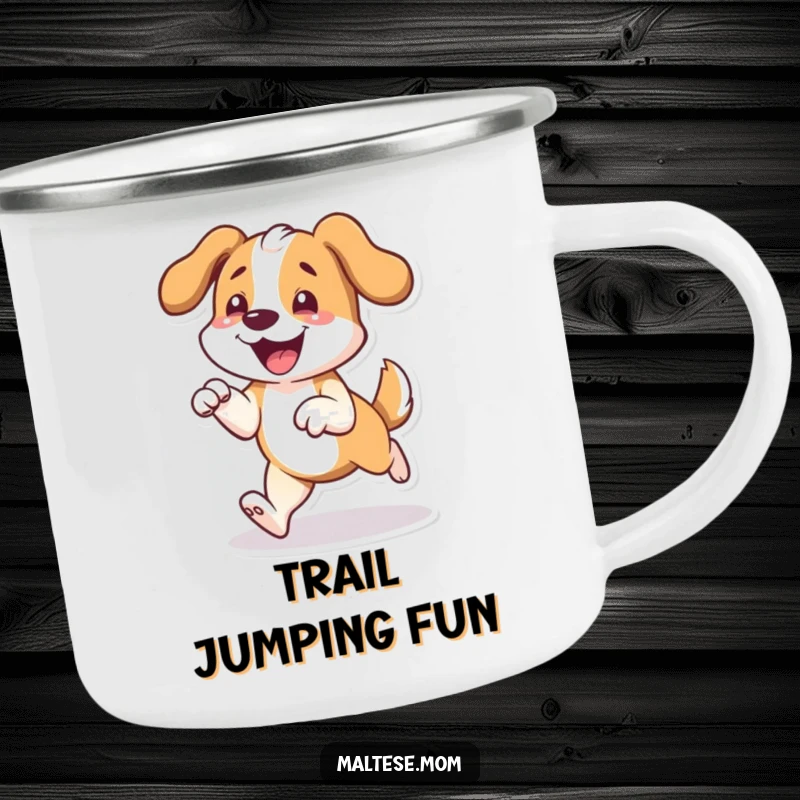 Funny, durable camping mug showcasing a prancing dog character with front paws slightly lifted, perfect for outdoor fun.